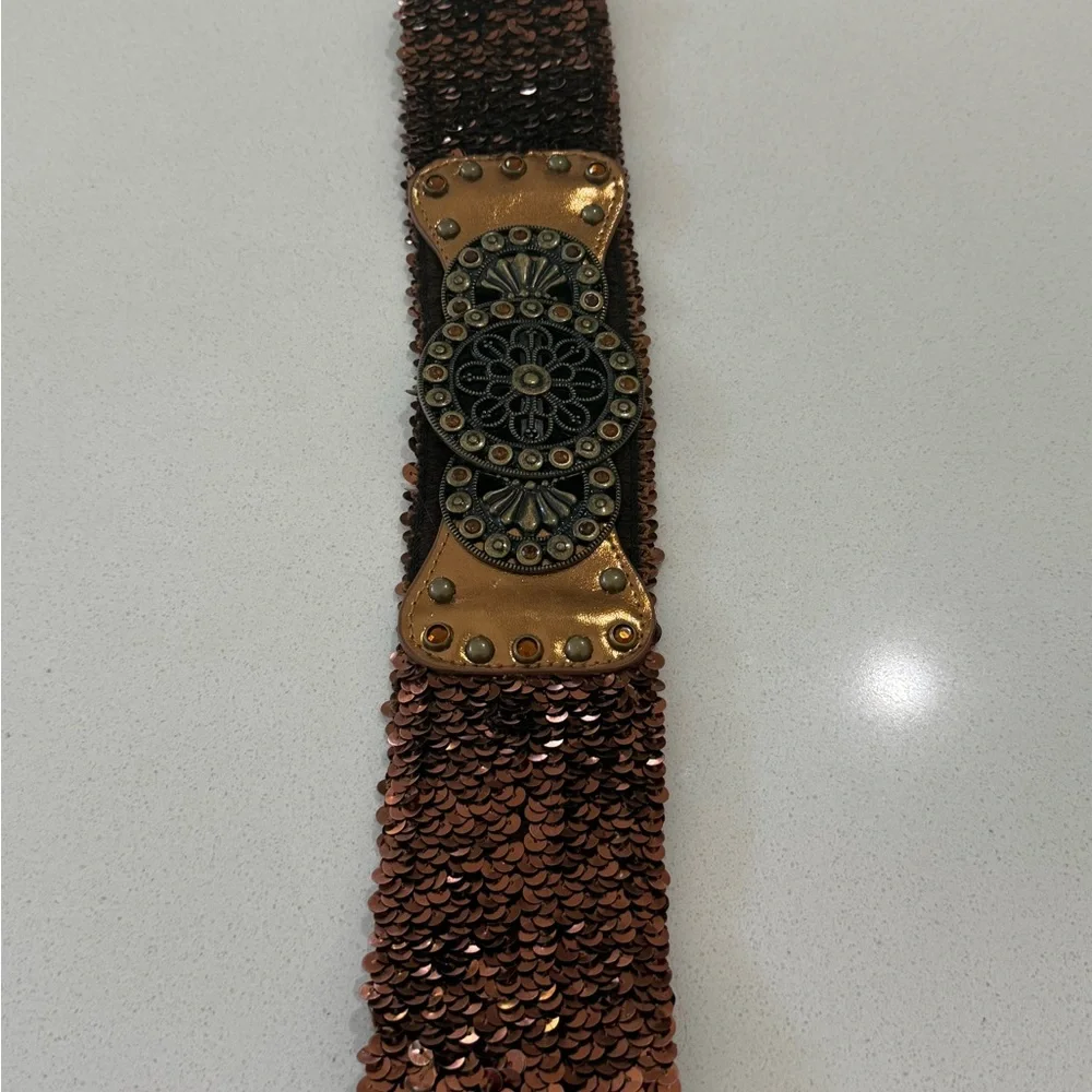 Y2K Bronze Copper Belt Stretchy Jeweled Sequin Womens S/M‎
